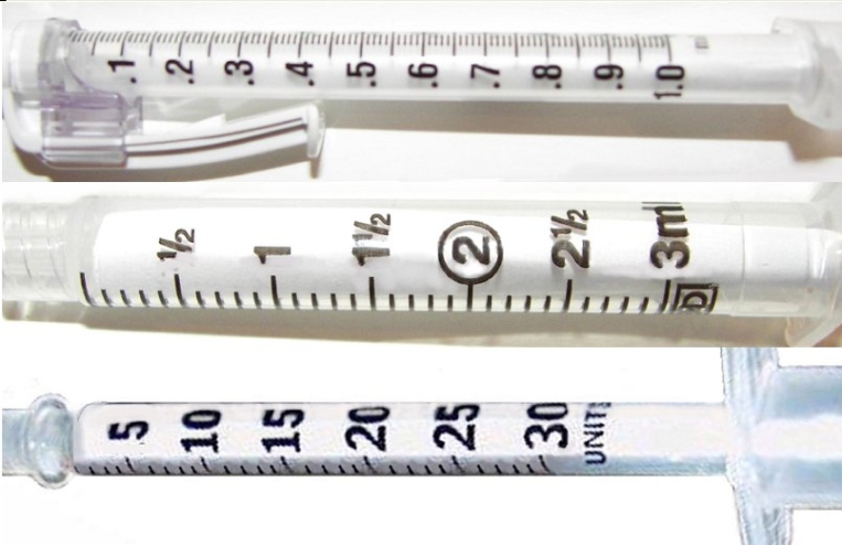 Place an arrow on the most appropriate syringe indicating the dose if the amount to be administered is 0.08 mL.   Standard Text: Click on the correct area on the image.