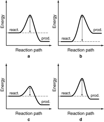 The energy profiles for four different reactions are shown. Which of the reactions will have the largest rate constant?   A)  a B)  b C)  c D)  d