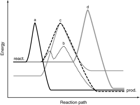 The following figure shows an uncatalyzed reaction path (dashed line) . Which of the other reaction paths shows the effect of a catalyst?   A)  solid line B)  dotted line C)  gray line D)  double line