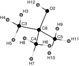In the following structure of tert-butyl alcohol, identify the tertiary carbon.   A)  C3 B)  C4 C)  C5 D)  C6 E)  C8