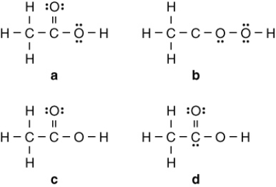 Vinegar is a solution of acetic acid (C<sub>2</sub>H<sub>4</sub>O<sub>2</sub>)  and water. Which of the following is the Lewis structure for acetic acid?   A)  a B)  b C)  c D)  d