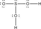 Two reasonable Lewis structure for sulfurous acid (H<sub>2</sub>SO<sub>3</sub>) are given below. Add the formal charges to each atom.    