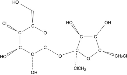 The active ingredient, sucralose, in an artificial sweetener, Splenda, is shown below. Sucralose is advertised as being made from table sugar. What is the main difference between sucrose (table sugar)  and sucralose?   A)  Sucralose is a disaccharide, while sucrose is a monosaccharide. B)  Sucralose has a six-membered and a five-membered ring, unlike the two six-membered rings in sucrose. C)  Sucralose has a glycosidic bond between the two saccharide units, unlike the C-C bond in sucrose. D)  Some hydroxyl groups in sucrose are replaced by chlorine atoms in sucralose. E)  Sucralose has a six-membered and a five-membered ring, unlike the two five-membered rings in sucrose.