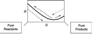  A sketch of the free energy versus Q for a hypothetical chemical equilibrium is shown here. The stress to the equilibrium by adding more reactants is shown by which arrow?   A)   \longrightarrow  B)    C)    D)    