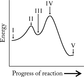 Which point in the reaction profile below represents a transition state?   A)  II and IV B)  II only C)  III D)  IV only E)  V