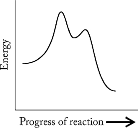 Which statement A-D regarding the reaction described by the energy profile below is not correct?   A)  The rate constant for the reverse reaction is smaller than the rate constant for the forward reaction. B)  This reaction has two transition states. C)  An intermediate is formed in this reaction. D)  The rate-determining step is the first step. E)  Statements A-D are all correct.