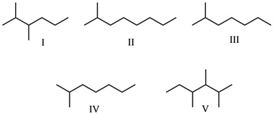 Which of these molecules are structural isomers of n-octane (C<sub>8</sub>H<sub>18</sub>) ?   A)  I, III, and IV B)  II and V C)  only II has 8 carbon atoms in a chain D)  III and IV E)  I, II, III, IV, and V