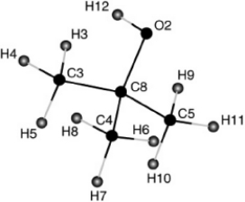 In the following structure of tert-butyl alcohol, identify the tertiary carbon.   A)  C3 B)  C4 C)  C5 D)  C6 E)  C8