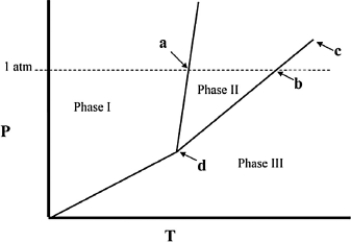 The temperature at point a in the phase diagram below is the ________   A)  critical point. B)  triple point. C)  transition point. D)  normal freezing point. E)  normal boiling point.