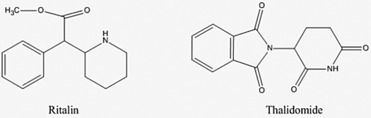 Ritalin is used to control attention deficit hyperactivity. Thalidomide was used in the 1950s to treat morning sickness. One enantiomer of thalidomide was found to produce birth defects. How many chiral centers are there together in these two molecules? Note hydrogen atoms attached to carbon are implicit.   A)  1 B)  2 C)  3 D)  4 E)  5