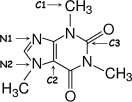 Identify the hybridization of atomic orbitals for atoms N1, N2, C1, C2, and C3 in caffeine, which is shown below. Explain why you think this molecule is planar or nonplanar.  