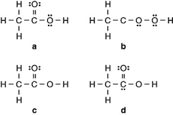 Vinegar is a solution of acetic acid (C<sub>2</sub>H<sub>4</sub>O<sub>2</sub>)  and water. Which of the following is the Lewis structure for acetic acid?   A)  a B)  b C)  c D)  d