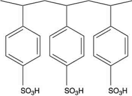 Polymers with ionic functional groups have been developed for removal of ions from water. One example is Amberlite. One form of Amberlite has the structure shown below, where the -SO<sub>3</sub>H groups act like a weak acid. What type of ions will this polymer attract?   A)  cations B)  anions C)  all ions D)  impossible to tell E)  none, since the polymer is neutral