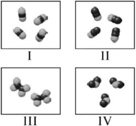 Which molecules shown below have the same mass percent composition?   A)  II, III, IV are the same. B)  Only II and III are the same. C)  Only I and III are the same. D)  I, II, and III are the same. E)  I & III are the same, and II & IV are the same.