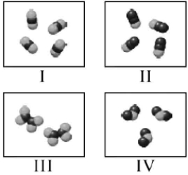 Which molecules shown below have the same empirical formula?   A)  II, III, IV are the same. B)  Only II and III are the same. C)  Only I and III are the same. D)  I, II, and III are the same. E)  I & III are the same, and II & IV are the same.