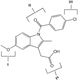 Indometacin is a nonsteroidal antiinflammatory drug, often used to treat tendinitis or gout in patients. Identify the carboxylic acid functional group(s)  in indometacin.   A) I B) II C) III D) IV E) III and IV