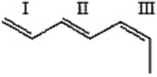 For each of the bonds in the figure below, identify whether the bond is cis, trans, or neither cis nor trans.   A) I-cis; II-trans; III-cis B) I-trans; II-cis; III-trans C) I-neither; II-trans; III-cis D) I-neither; II-cis; III-trans E) I-neither; II-cis; III-cis