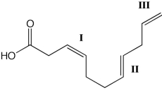 For each of the bonds in the following unsaturated fatty acid shown below, identify whether the bond is cis, trans, or neither cis nor trans.   A) I-cis; II-trans; III-cis B) I-trans; II-cis; III-trans C) I-neither; II-trans; III-cis D) I-cis; II-trans; III-neither E) I-trans; II-cis; III-neither