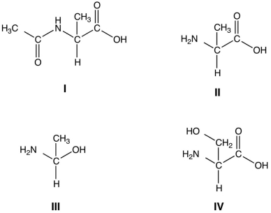 Which of the following are not amino acids?   A) I and III B) II and III C) I and IV D) II and III only E) II and IV only
