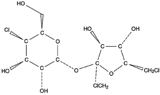 The active ingredient, sucralose, in an artificial sweetener, Splenda, is shown below. Sucralose is advertised as being made from table sugar. What is the main difference between sucrose (table sugar)  and sucralose?   A) Sucralose is a disaccharide, while sucrose is a monosaccharide. B) Sucralose has a six-membered and a five-membered ring, unlike the two six-membered rings in sucrose. C) Sucralose has a glycosidic bond between the two saccharide units, unlike the C-C bond in sucrose. D) Some hydroxyl groups in sucrose are replaced by chlorine atoms in sucralose. E) Sucralose has a six-membered and a five-membered ring, unlike the two five-membered rings in sucrose.