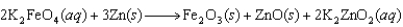 The following reaction occurs in a new battery called the super iron battery. In this reaction, ________ is reduced.   A) Fe in K<sub>2</sub>FeO<sub>4</sub> B) Zn metal C) Fe in Fe<sub>2</sub>O<sub>3</sub> D) Zn in ZnO E) Zn in K<sub>2</sub>ZnO<sub>2</sub>