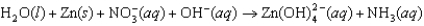 The following reaction occurs in basic solution. Identify the reducing agent. Note that the reaction equation is not balanced.   A) Zn(s)  B) NO<sub>3</sub><font face= symbol ><sup></sup></font>(aq)  C) OH<font face= symbol ><sup></sup></font>(aq)  D) H<sub>2</sub>O(l )  E) Zn(OH) <sub>4</sub><sup>2</sup><font face= symbol ><sup></sup></font>(aq) 
