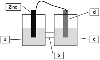 A voltaic cell is constructed based on the oxidation of zinc metal and the reduction of silver cations. Solutions of silver nitrate and zinc nitrate also were used. Locate the silver nitrate on the diagram.   A) a B) b C) c D) d