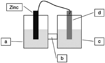 A voltaic cell is constructed based on the oxidation of zinc metal and the reduction of silver cations. Solutions of silver nitrate and zinc nitrate also were used. Locate the zinc nitrate on the diagram.   A) a B) b C) c D) d