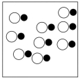 Which sketch best represents the qualitative molecular view of an aqueous solution of nitrous acid? (Water molecules are not shown explicitly.)    A)    B)    C)    D)   