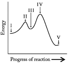 Which point in the reaction profile below represents a transition state?   A) II and IV B) II only C) III D) IV only E) V