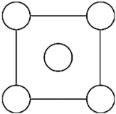 In the sodium chloride unit cell, the chloride ions form a cube in which each side is arranged like the following figure. The circles represent the positions of the chloride ions on one square face of the cube. All the other faces are the same. What is the name of this unit cell?   A) simple cubic B) chloride-centered cubic C) face-centered cubic D) x-face cubic E) body-centered cubic