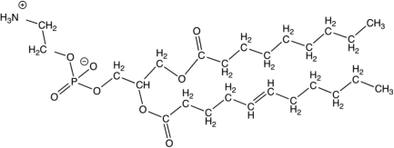 For the following unsaturated phospholipid, identify the hydrophilic and hydrophobic regions of the molecule and explain the rationale for your choice.  
