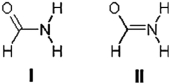 The amide structure is the fundamental linking unit in proteins. Two partial Lewis structures for formamide are shown below. These structures do not show the lone-pair electrons or the formal charges. Experiment shows that formamide is planar, so which is the better representation of the electronic structure, I or II? Is this conclusion consistent with the formal charges on the atoms? Explain the rationale for your answers.  