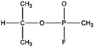 In 1995 a Japanese cult attacked the Tokyo subway system with the nerve gas sarin, which focused world attention on the dangers of chemical warfare agents. The connectivity of atoms in the sarin molecule is shown below. Complete the Lewis structure by adding bonds and lone pairs as necessary. Assign formal charges to the P and O atoms, and determine the local molecular geometry around the central oxygen atom.  