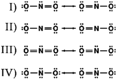 Nitrite (NO<sub>2</sub><font face= symbol ><sup></sup></font>)  is an important nutrient in the eutrophic zone of the ocean. Which of the following is the correct set of resonance structures for this ion?   A) I B) II C) III D) IV