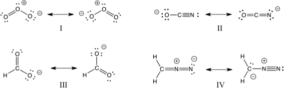 Which of the following pairs of Lewis structures are not resonance structures of one another?   A) I B) II C) III D) IV E) All pairs are resonance structures.
