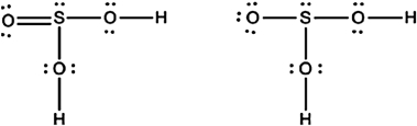 Two reasonable Lewis structures for sulfurous acid (H<sub>2</sub>SO<sub>3</sub>) are given below. Add the formal charges to each atom.  