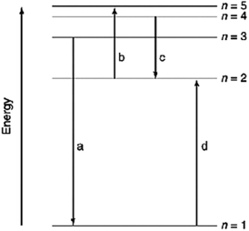 Which of the transitions in the following hydrogen atom energy-level diagram involves the shortest wavelength photon?   A) a B) b C) c D) d