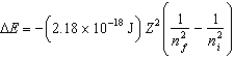 The change in energy of a one-electron atom or ion for an electronic transition from the initial energy level n<sub>i</sub> to the final energy level n<sub>f</sub> is given by   Which of the following species will have the longest wavelength emission line for the transition between the n<sub>i</sub> <font face= symbol ></font> 2 and n<sub>f</sub> <font face= symbol ></font> 1 levels? A) H B) He<font face= symbol ><sup></sup></font> C) Li<sup>2</sup><font face= symbol ><sup></sup></font> D) Be<sup>3</sup><font face= symbol ><sup></sup></font> E) B<sup>4</sup><font face= symbol ><sup></sup></font>
