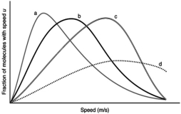The following graph shows the gas speed distributions for four different gases, all at the same temperature. Which of the curves is for the lightest gas?   A) a B) b C) c D) d
