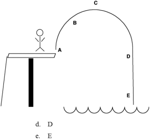 A diver jumps off a diving board. At which point in the diagram below will the diver possess the greatest potential energy?   A) A B) B C) C D) D E) E