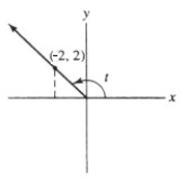  Give the value of sin t where t is the radian measure of the angle shown.   A)   \frac { 2 } { \sqrt { 8 } }  =  \frac { \sqrt { 2 } } { 2 }  B)  2 C)  -  \frac { 2 } { 2 }  = -1 D)  -2 E)  none of these 