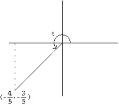 Give the values of sin t and cos t, where t is the radian measure of the angle shown.   Enter your answer as a, b (unlabeled) where a represents sin t and b represents cos t.