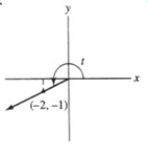  Give the values of tan t and sec t where t is the radian measure of the angle shown.   Enter just  a , b  where a represents tan t and b represents sec t, fractions and quotients reduced of form  \frac { \mathrm { c } } { \mathrm { d } }  or  \frac { \sqrt { f } } { g }  (no labels and no approximations). 
