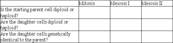 Complete the following table concerning mitosis and meiosis:   