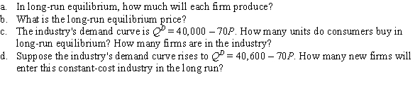 A perfectly competitive industry consists of many identical firms, each with a long-run average total cost of LATC = 800 - 10Q + 0.1Q<sup>2</sup> and long-run marginal cost of LMC = 800 - 20Q + 0.3Q<sup>2</sup>.  