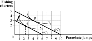 Use the following to answer question: Figure 5.1   -(Figure 5.1)  Francis spends his income on fishing charters and jumping out of airplanes. Which of the following statements is TRUE? A)  Fishing charters are an inferior good. B)  An increase in income could cause the optimal consumption bundle to move from point A to point B. C)  Parachute jumps are an inferior good. D)  An increase in the price of parachute jumps could cause the optimal consumption bundle to move from point A to point B.
