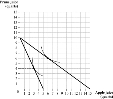 Use the following to answer question: Figure 5.8   -(Figure 5.8)  Refer to Figure 5.8, depicting the consumer's indifference curves and budget constraints. Suppose the consumer has $20 of income to spend on apple and prune juice. Which of the following statement(s)  is (are)  TRUE?   A)  I and II B)  II and III C)  II and IV D)  I