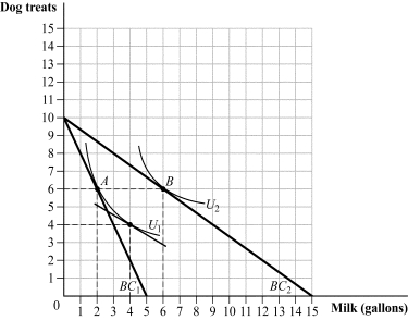Use the following to answer question: Figure 5.9   -(Figure 5.9)  When the price of milk drops, the substitution effect _____ the quantity of milk consumed from _____. A)  increases; 2 to 6 gallons B)  increases; 4 to 6 gallons C)  decreases; 6 to 2 gallons D)  increases; 2 to 4 gallons