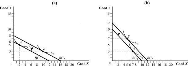 Use the following to answer question: Figure 5.23   -(Figure 5.23) In panel (a), the price of good X is $1.50 per unit and the price of good Y is $3 per unit. In panel (b), the consumer's income increased from $400 to $480.  